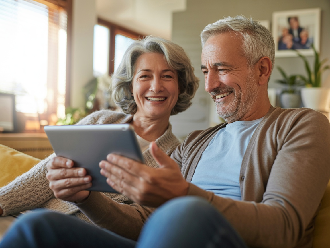 A warm, smiling senior couple sitting together on a couch and looking at a tablet